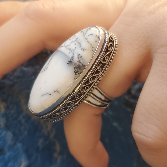 New Oversized Dendritic Opal 925 Silver Statement Ring. - Picture 4 of 15